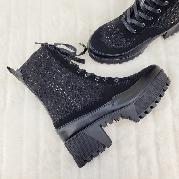 Diva Shine Black Rhinestone Platform Combat Ankle Boots - Picture 4 of 12